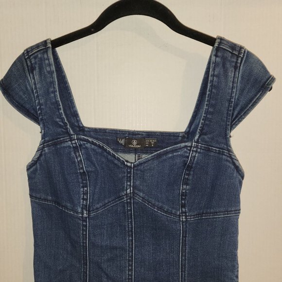 Women's Volcom Denim Jean Mini Dress Sweetheart Neck Cap Sleeve Size XS - Picture 2 of 8